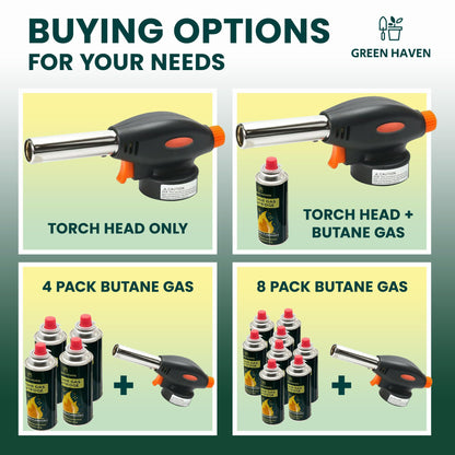 Green Haven Blow Torch for Cooking Attachment Head with 4 Gas - One-Handed Gas Torch with Adjustable Flame & Safety Lock, Fits All Butane Tanks, Ideal for Creme Brulee, Desserts, BBQ, Baking