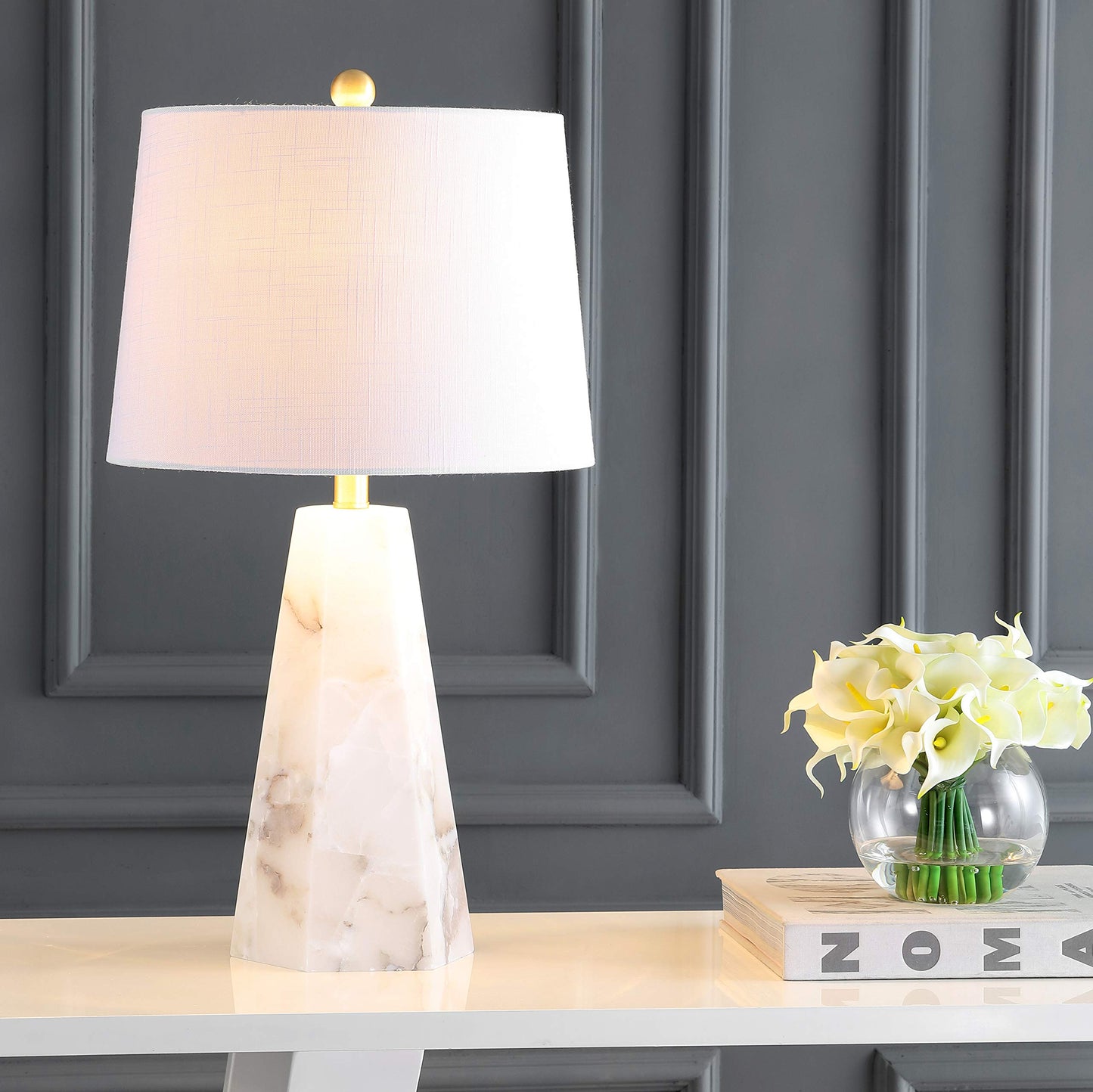 JONATHAN Y 25.5" Natural Alabaster/Brass Gold Modern Table Lamp for Bedroom, White Linen Shade, Contemporary Bedside Nightstand Lamp for Living Room, LED Bulb Included JYL6205A