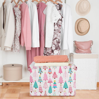 FYSUIMU 2 Pcs Christmas Storage Basket Pink Green Xmas Tree Storage Bins with Handles Rectangle Foldable Container Box for Home Office Nursery Laundry Shelf Closet Toy