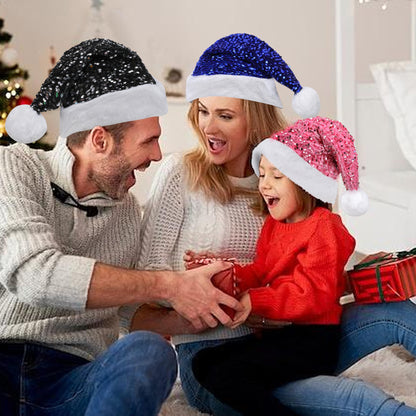 Chisander Sequin Santa Hat, Unisex Santa Hat for Adults with Shiny Sequin and Fluffy Pompom, Party Hat for New Year Xmas Festival (Red)