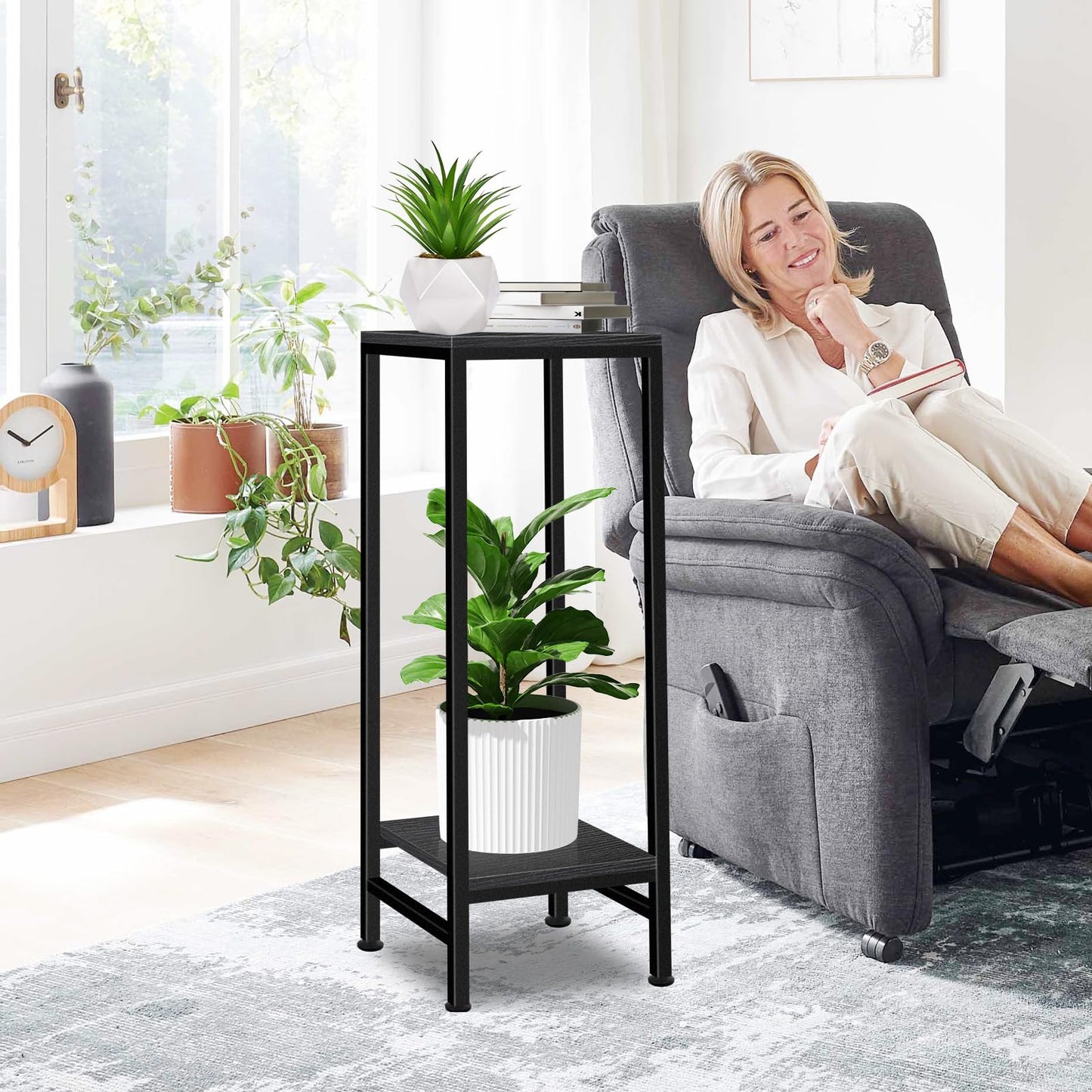 Plant Stand Indoor, Tall Plant stands for Indoor Outdoor Plants, 2 Tier Heavy Duty Plant Shelf 31" Metal Pedestal Stand Modern Corner Flower Stand for Patio, Living Room, Balcony(Black)