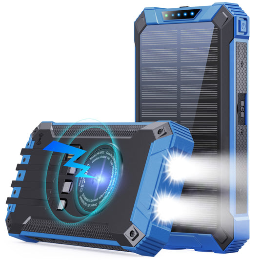 GOODaaa Power Bank Wireless Charger 36000mAh Built in 4 Cables Six Outputs 15W Fast Charging Power Bank for All Mobile Devices Three Inputs Solar Portable Charger with Dual Flashlights, Carabiner