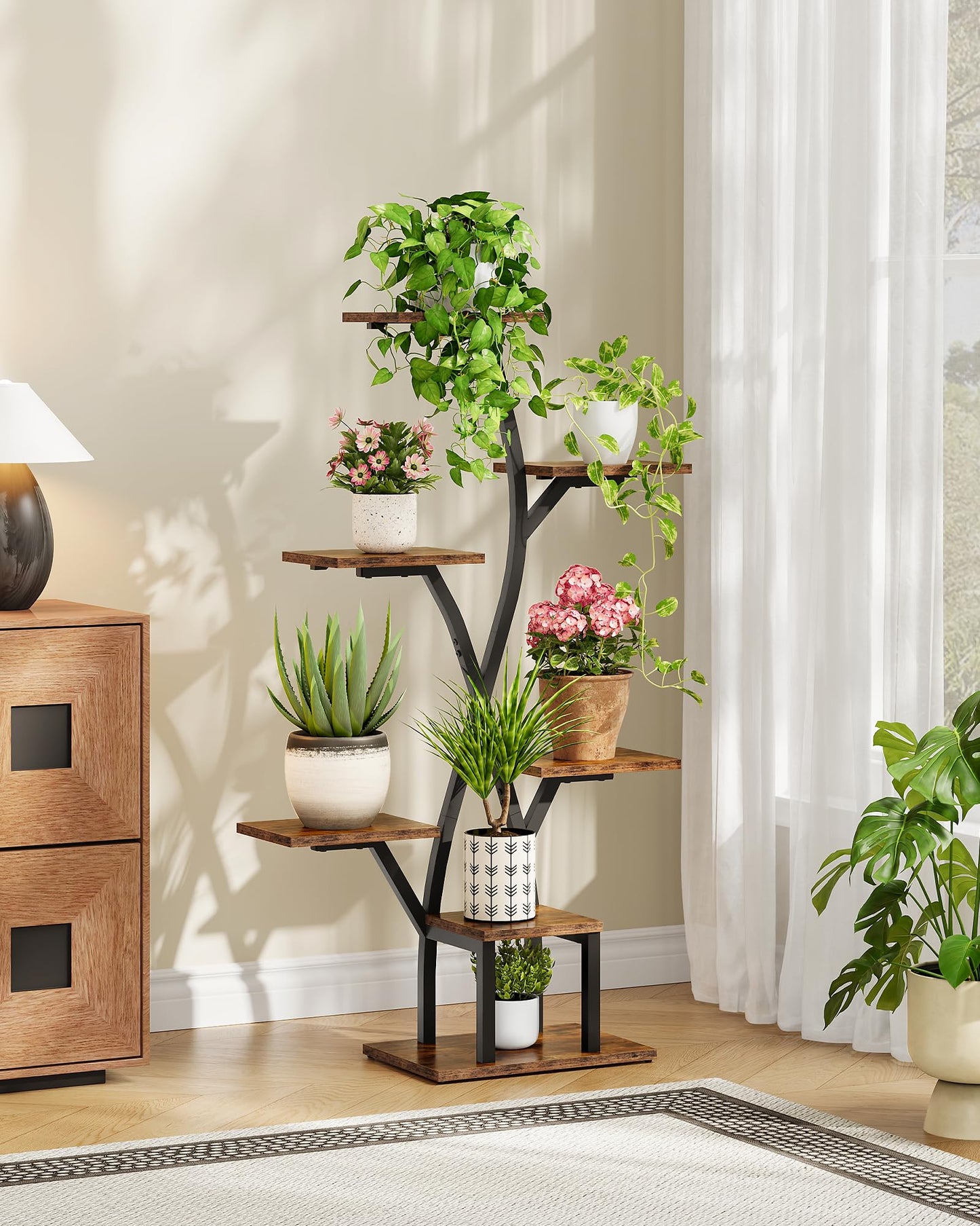 CHOEZON Plant Stand Indoor with Grow Light, 7-Tier Flower Plant Holder, 46.5” Tall Corner Plant Display Rack, Dimmable Grow Light with Timer, Rustic Brown and Black TCJ40DBF