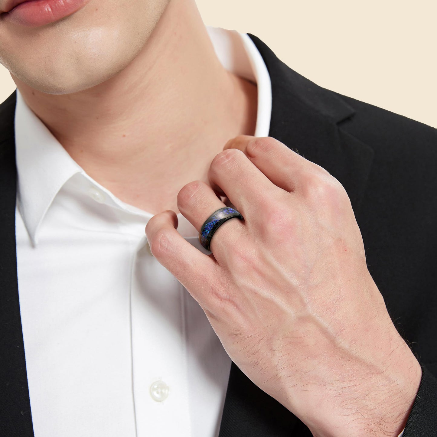 NUNCAD Men's Ring 8mm Tungsten Black with Blue Opal - Comfort Fit, Sizes 12