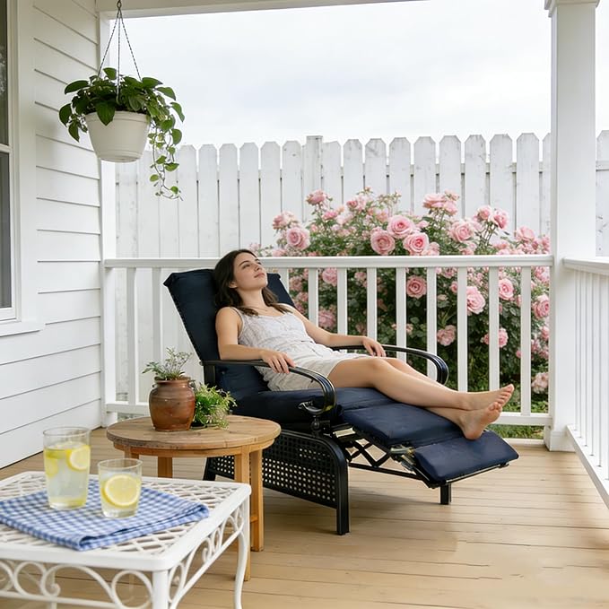 Kozyard Adjustable Outdoor Reclining Lounge Chair, Cushioned Patio Chaise Lounge with Extendable Metal Frame for Sunbathing, Reading & Relaxing – Comfortable Outdoor Recliner(Navy Blue)