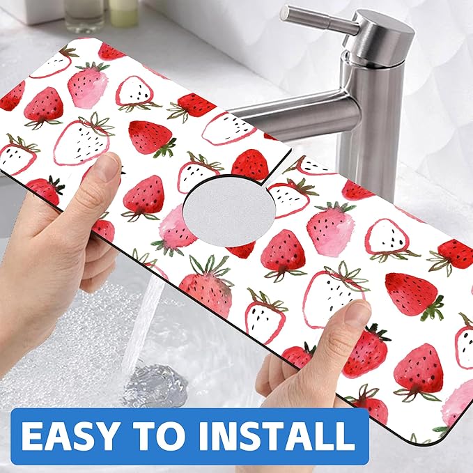 Watercolor Strawberry Kitchen Sink Splash Guard Mat Absorbent Fast Drying Mat