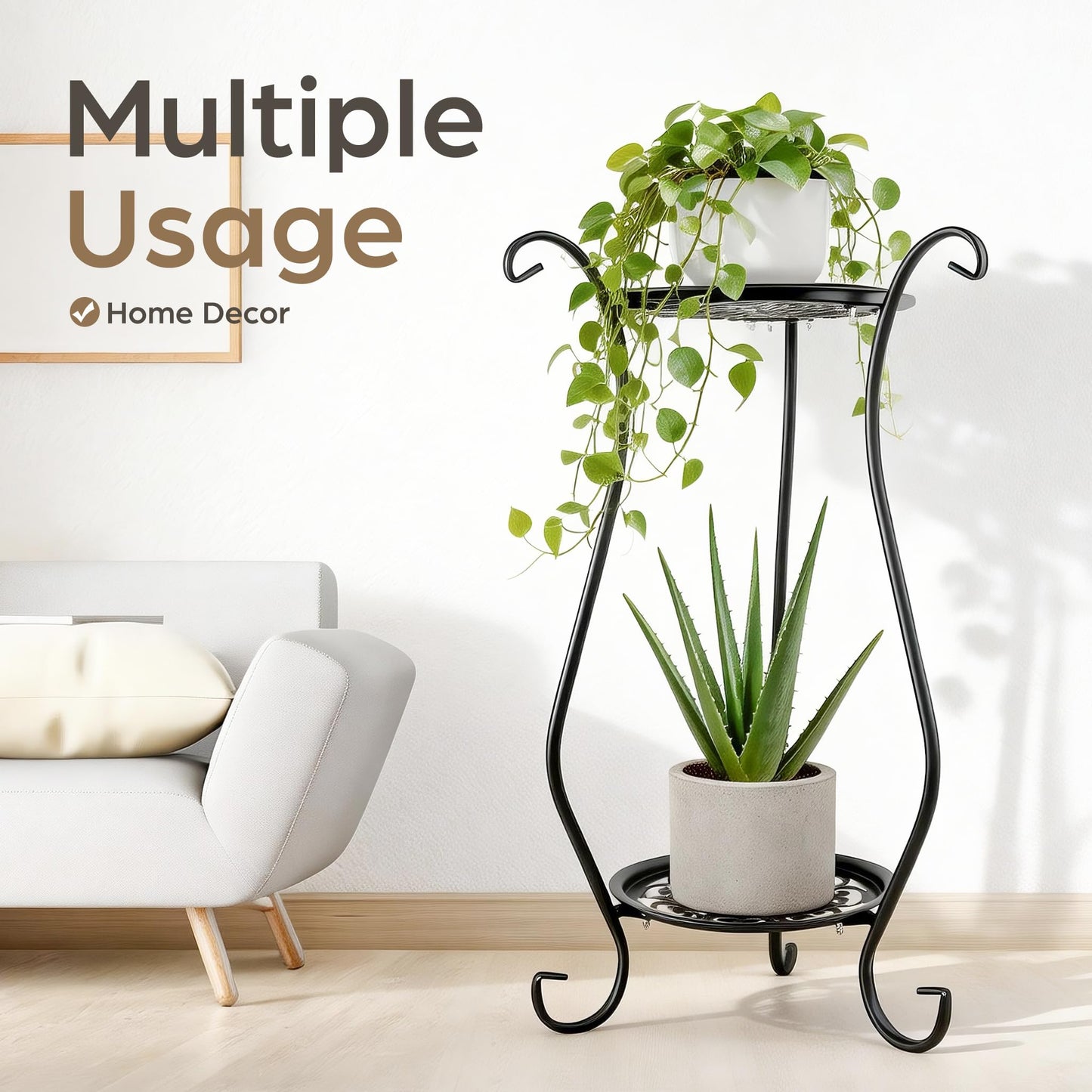 WECHARM HOME 2-Tier Heavy Duty Metal Plant Stand | Round Indoor Outdoor Potted Plant Holder, Black Corner Display Shelf