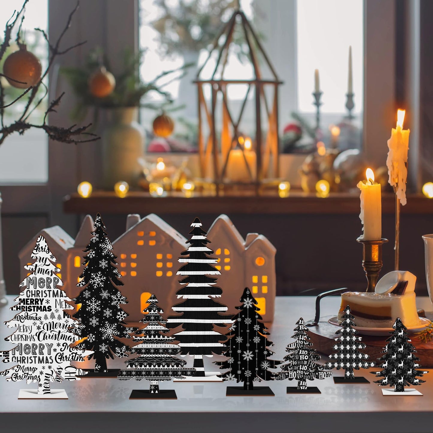 Cinrobiye 8 Pcs Christmas Table Decorations, Black White Christmas Tree Tabletop Centerpieces Farmhouse Rustic Wood Xmas Trees for Home Mantel Fireplace Winter Holiday Party Supplies Decor (Black)