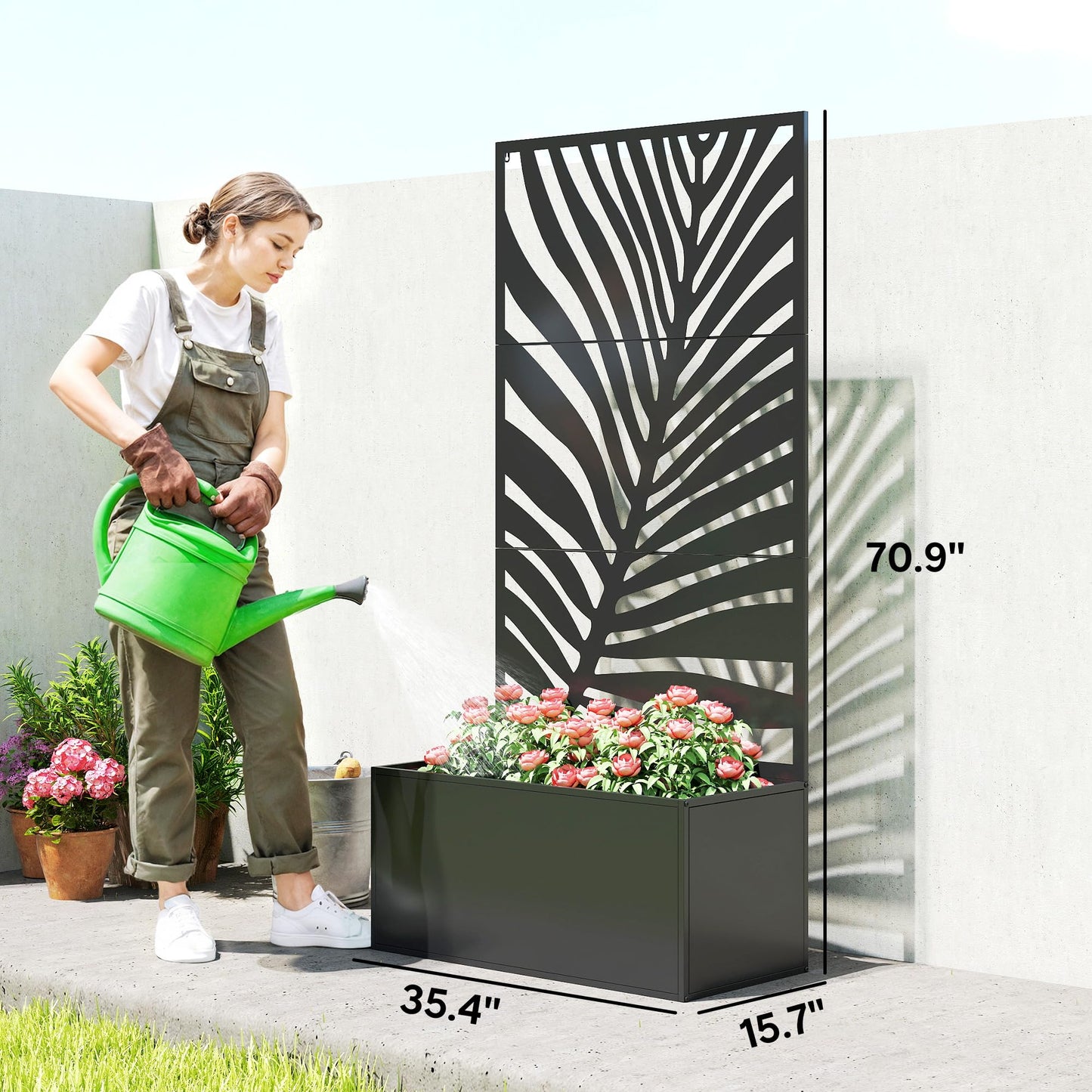 Outsunny Metal Planter Box with Trellis, 71" Tall Raised Garden Bed with Trellis Privacy Screen for Climbing Plants, Large Leaf Cut-Out Privacy Planter for Garden, Patio, Balcony
