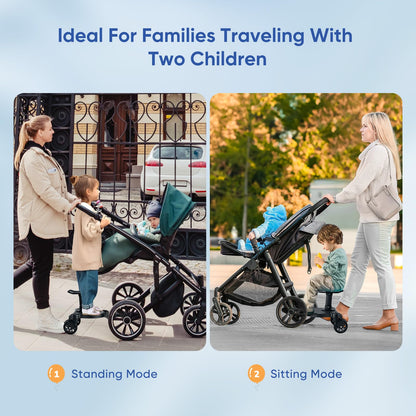 BugyKido Universal Buggy Board with Seat, Kiddy Board with Pram Organiser Bag, Pram Standing Board Compatible with Over 99% of Pushchairs, for Children from 2-6 Years, Load 25 KG(Black)