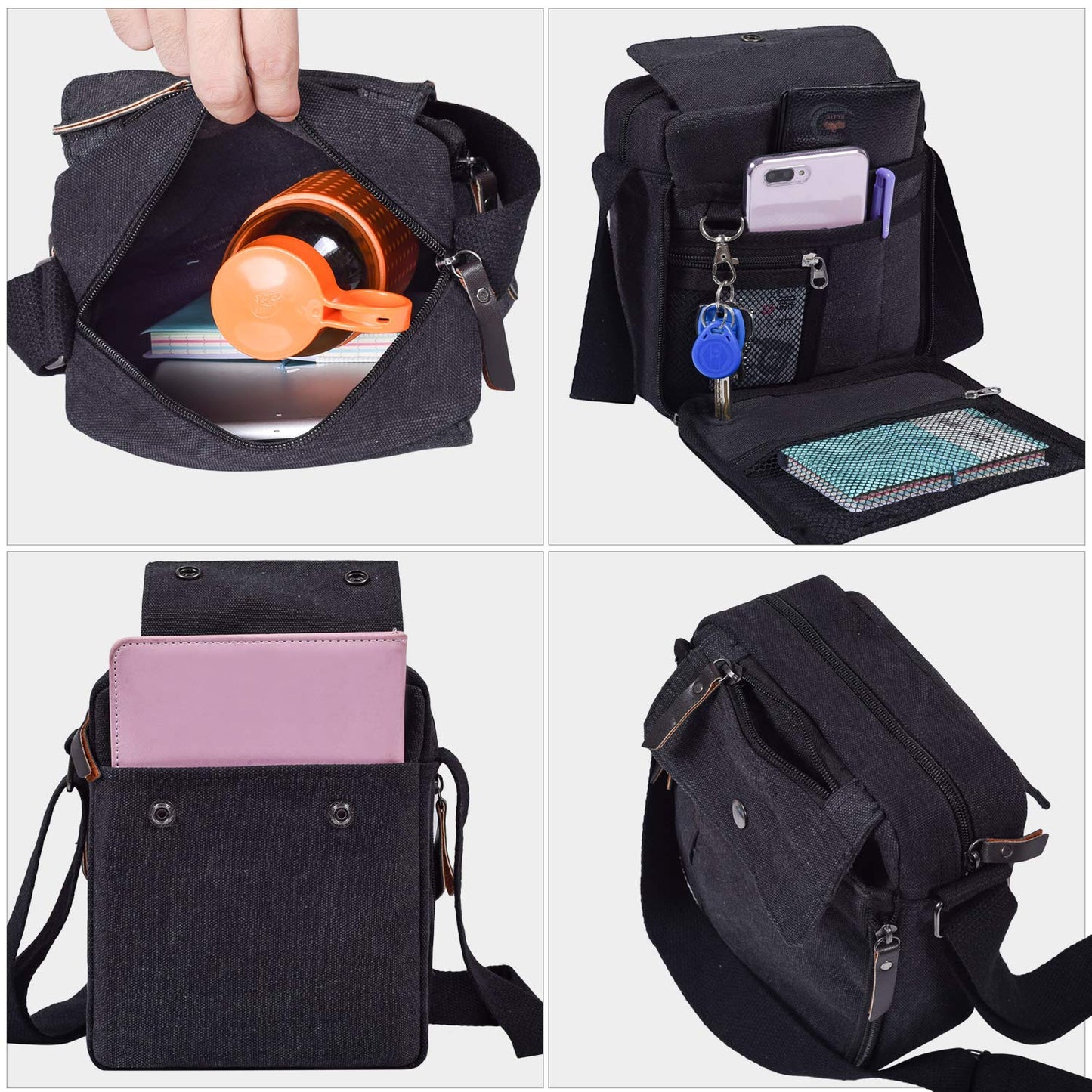 dealcase Canvas Small Messenger Bag for Men Women, Casual Shoulder Bag Chest Bag Travel Carry Bag Multi-pocket Purse