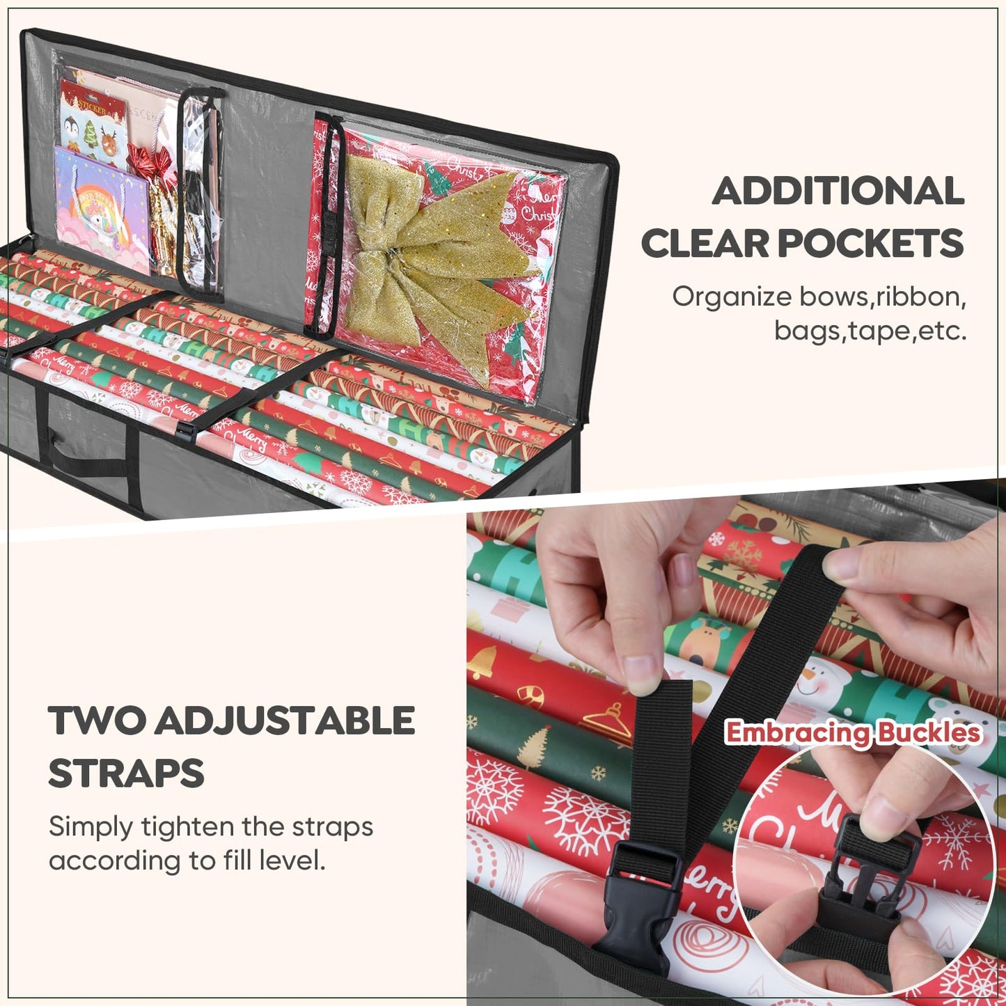 BALEINE Soft Christmas Wrapping Paper Storage Bag, 40" Durable PE Gift Wrap Storage Bag with Flexible Partitions and Pockets for Ribbon, Accessories (Transparent)