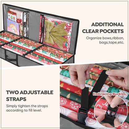 BALEINE Soft Christmas Wrapping Paper Storage Bag, 40" Durable PE Gift Wrap Storage Bag with Flexible Partitions and Pockets for Ribbon, Accessories (Transparent)