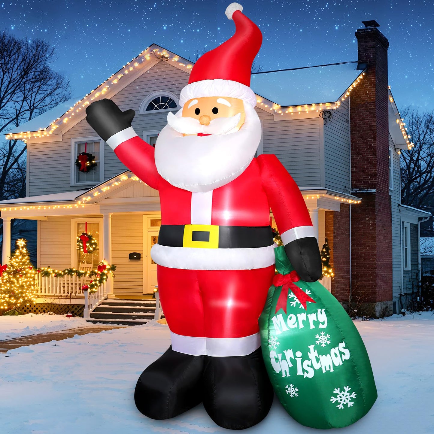 7FT Christmas Inflatable Santa Claus with Gift Bag, Blow up Giant Santa Claus Indoor Decoration, Built-in LED Lights for Lawn Patio Garden Home Display Hall Xmas Holiday Vacation Party Outdoor Decor