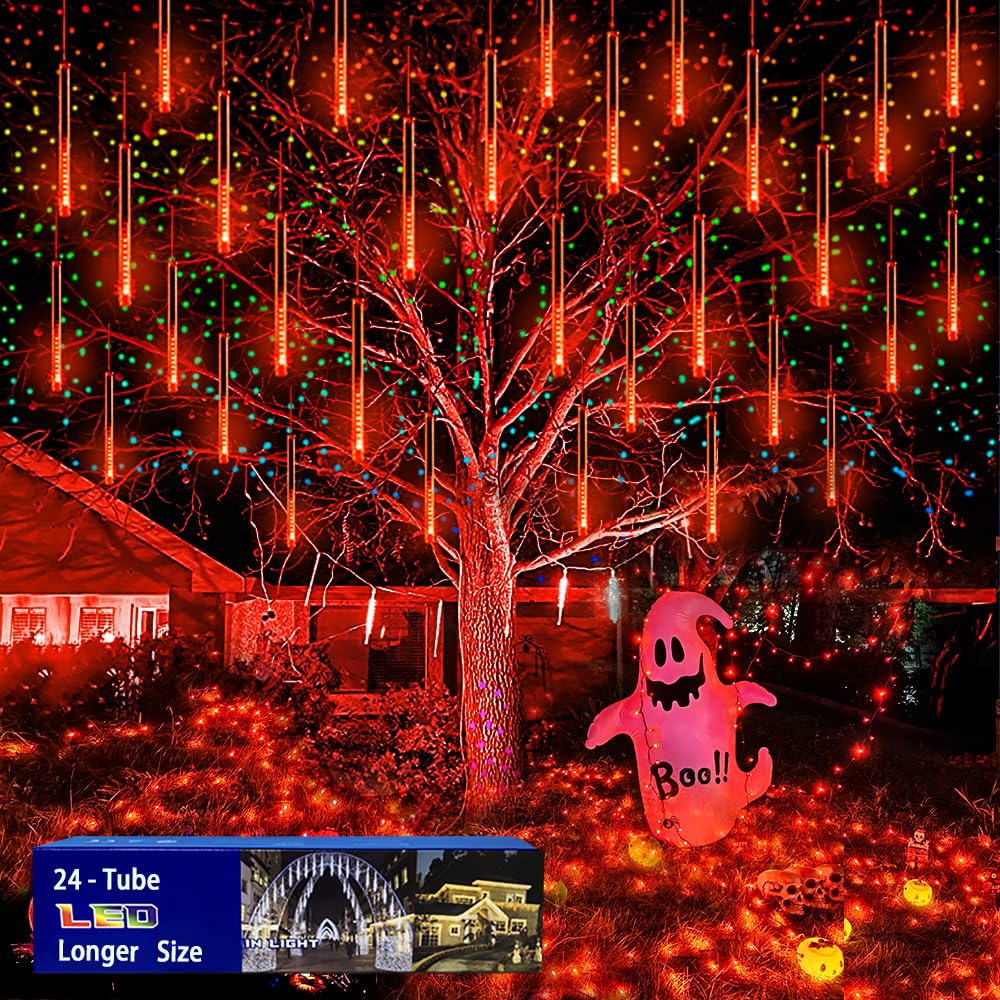 Halloween Lights, 24Tubes(Equivalent to 3 Sets of 8-Tubes) Purtuemy Meteor Shower Orange Lights Icicle String Lights for Halloween Christmas Decorations Tree Party Yard Outdoor Fall Decor, UL Plug