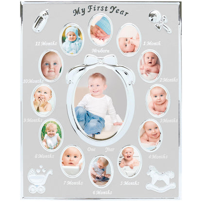 Tiny Ideas Baby’s My First Year Picture Frame, Monthly Milestone Photo Collage, 12 Month Baby Keepsake, Nursery Wall Decor and Baby Gift, Silver