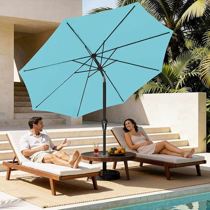 MEWAY 9ft Patio Umbrella Outdoor Table Umbrellas with Push Button Tilt and Crank, Market Umbrella 8 Sturdy Ribs for Deck, Garden, Pool and Backyard, Sky Blue