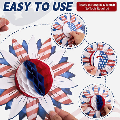 Paper Jazz 4th of July Decorations Paper Flower American Flag Red White and Blue Decor for Presidents Day,Patriotic Decoration Haning Paper Honeycomb for Veterans Day, Independence Day Birthday Party