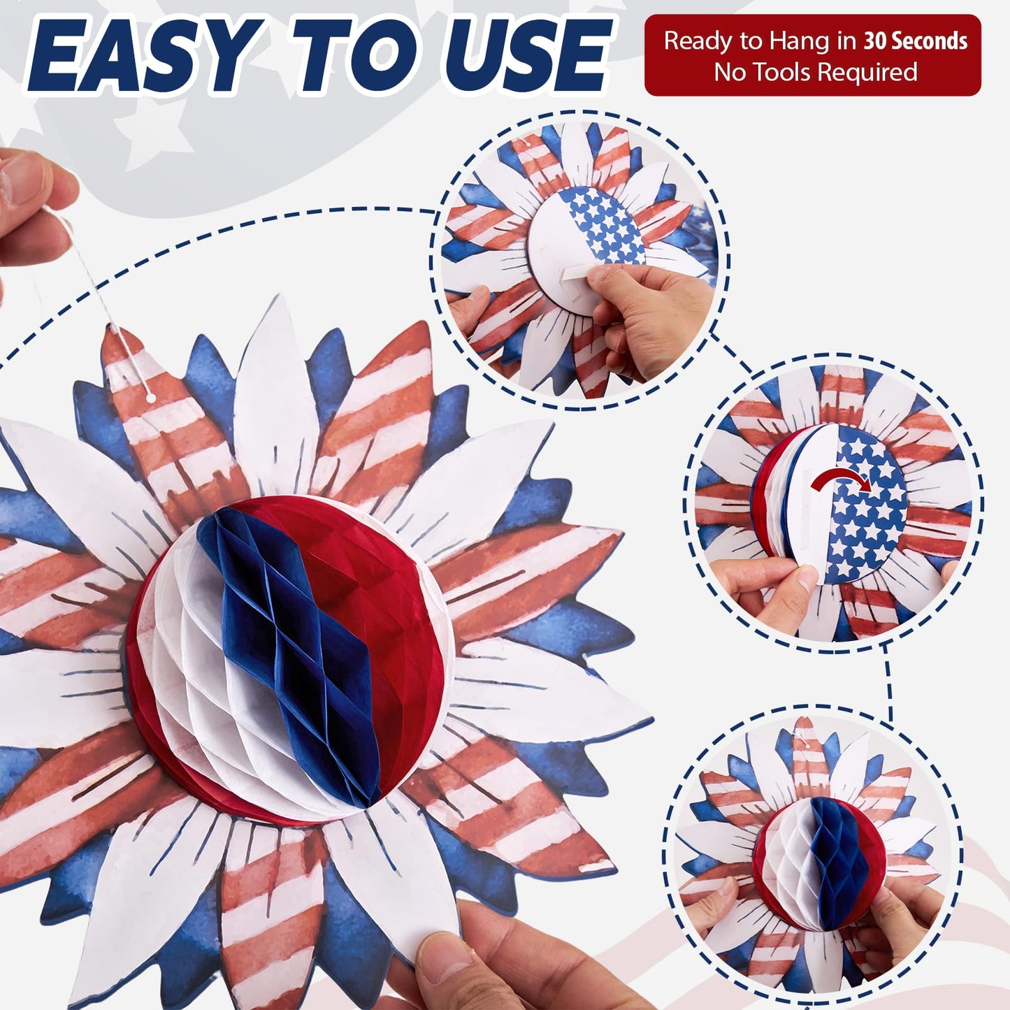 Paper Jazz 4th of July Decorations Paper Flower American Flag Red White and Blue Decor for Presidents Day,Patriotic Decoration Haning Paper Honeycomb for Veterans Day, Independence Day Birthday Party