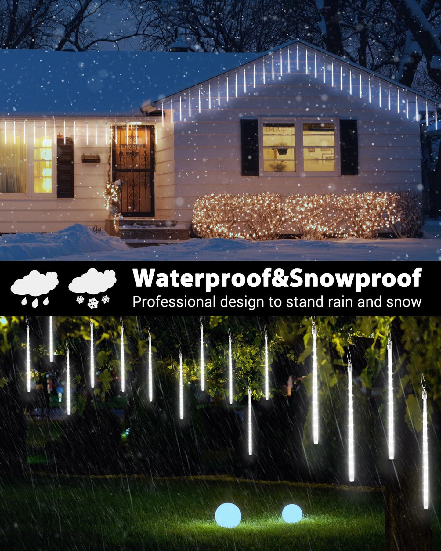 Joomer Christmas Lights Outdoor, 11.8 inch 10 Tubes 240 LED Meteor Shower Lights, LED Snow Falling Icicle Cascading Light with Timer Waterproof and Connectable for Christmas Decoration (White)