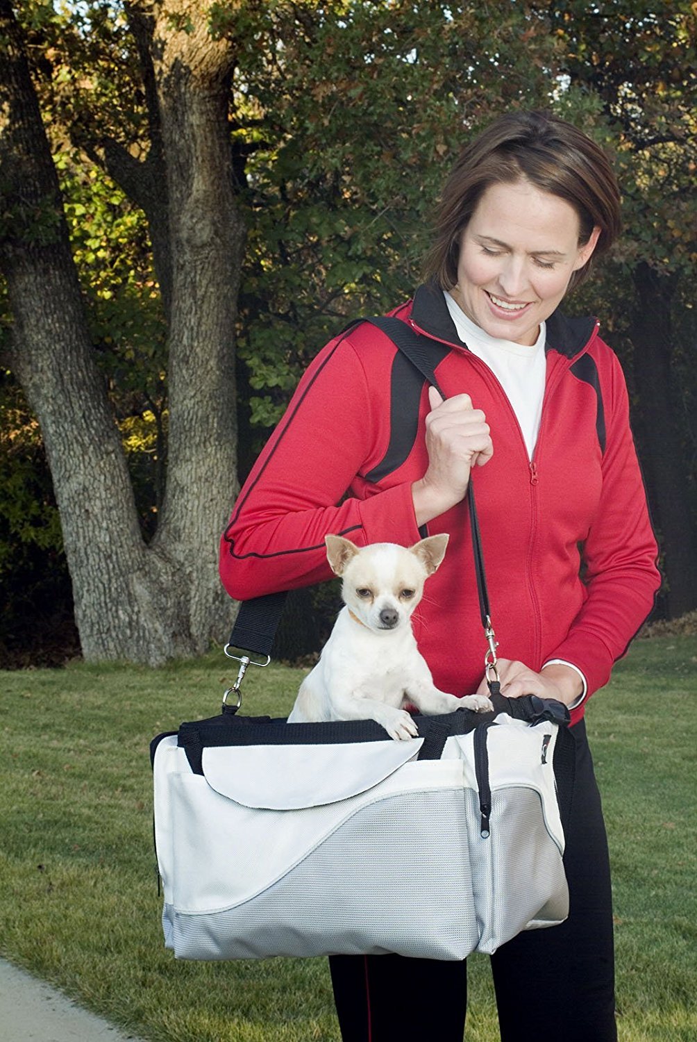 PetSafe Solvit Bicycle Basket for Dogs and Cats, Sport Style Light Nylon Material, Detachable Carrier with Shoulder Strap, Removable Sun Shield, White/Grey