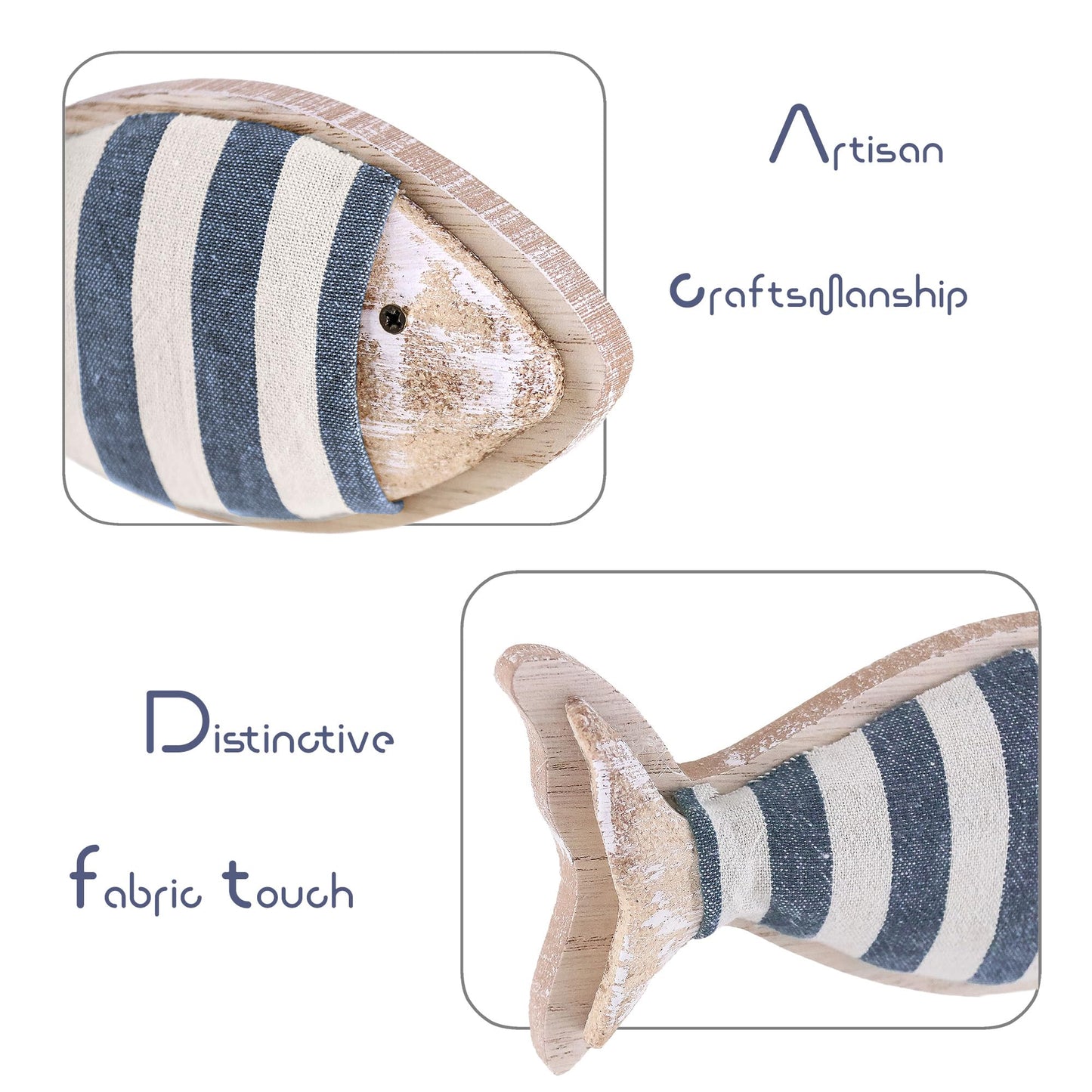NAUTIMALL Wooden Fish Figurines with Jute Rope and Cotton String, Fish Sculpture Statues for Home Decoration, Table Top Nautical Decor for Living Room, Bedroom, Beachhouse Home Decor (StripedFish-3)