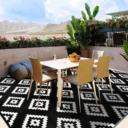 Homcomodar Outdoor Rug for Patio Waterproof 270x365cm Reversible Garden Rugs UV Resistant Camping Mat Plastic Straw Rug Outside Patio Rug for Yard Beach Picnic Deck(Black)