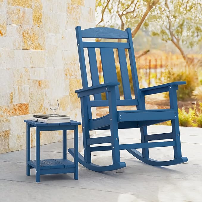 LUE BONA Outdoor Rocking Chairs Set of 2, Weather Resistant Poly Plastic Rocker Chairs, 350lb Heavy Duty, Oversized Porch Rocker for Adult, High Back Smooth Rocking Chairs for Outdoor & Indoor, Blue