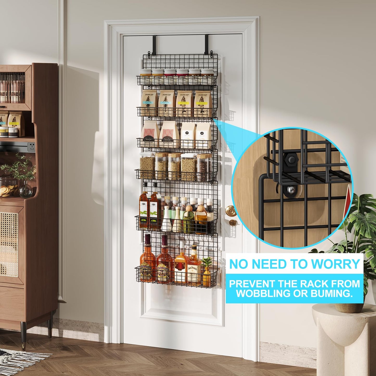 JKsmart 6-Tier Spice Rack Organizer with Door Hook, Wall Mounted & Over the Door Spice Racks for Kitchen Pantry Door Cabinet, Two Size, Large Capacity, Black