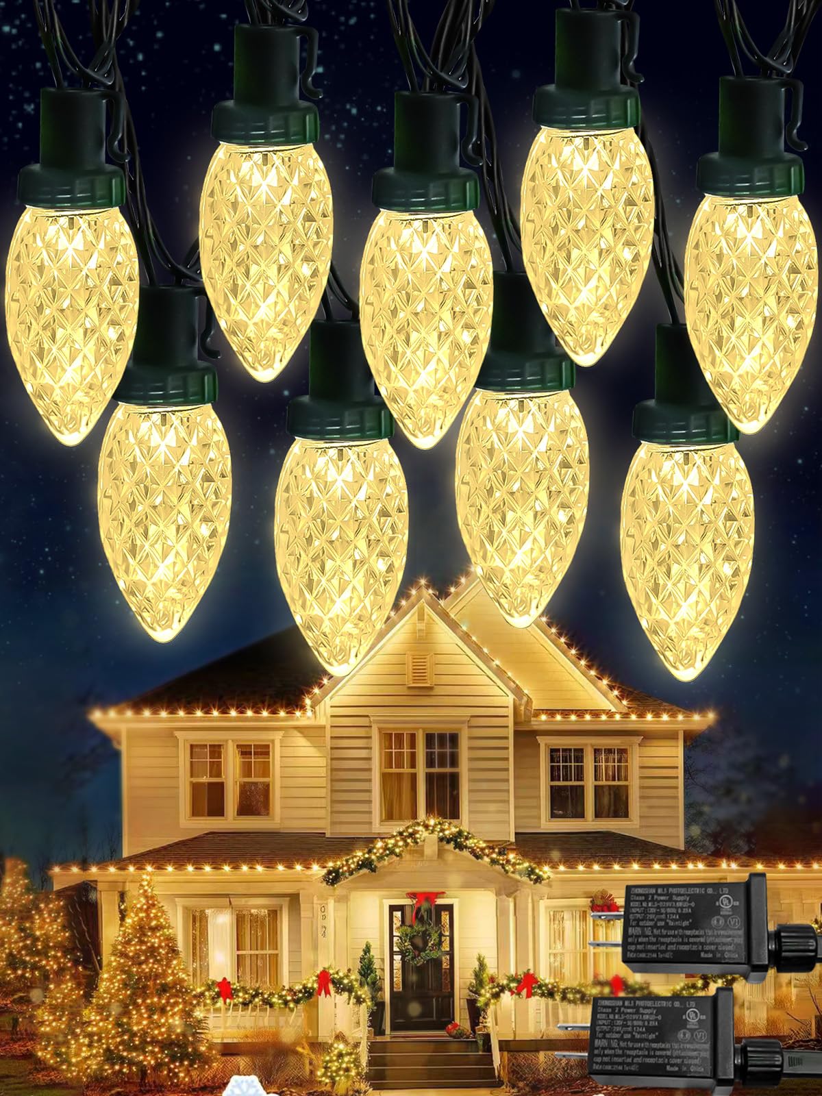 2 Pack 66FT 100LED Extendable C9 Christmas Lights Outdoor/Indoor, Waterproof Christmas String Lights Plug in, Green Wire LED Fairy Lights for Xmas Tree Garden Patio Wedding Party Decor (Warm White )