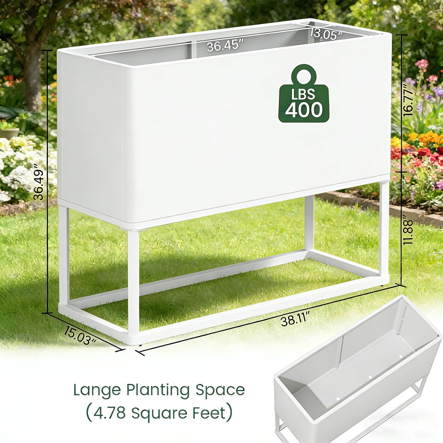 Liskanap Large Metal Planter Box with Legs, 38" L*15" W*30" H Modern Tall Raised Garden Bed with Legs, Rectangular Planters for Outdoor Indoor Patio Deck Balcony Porch Commercial, White