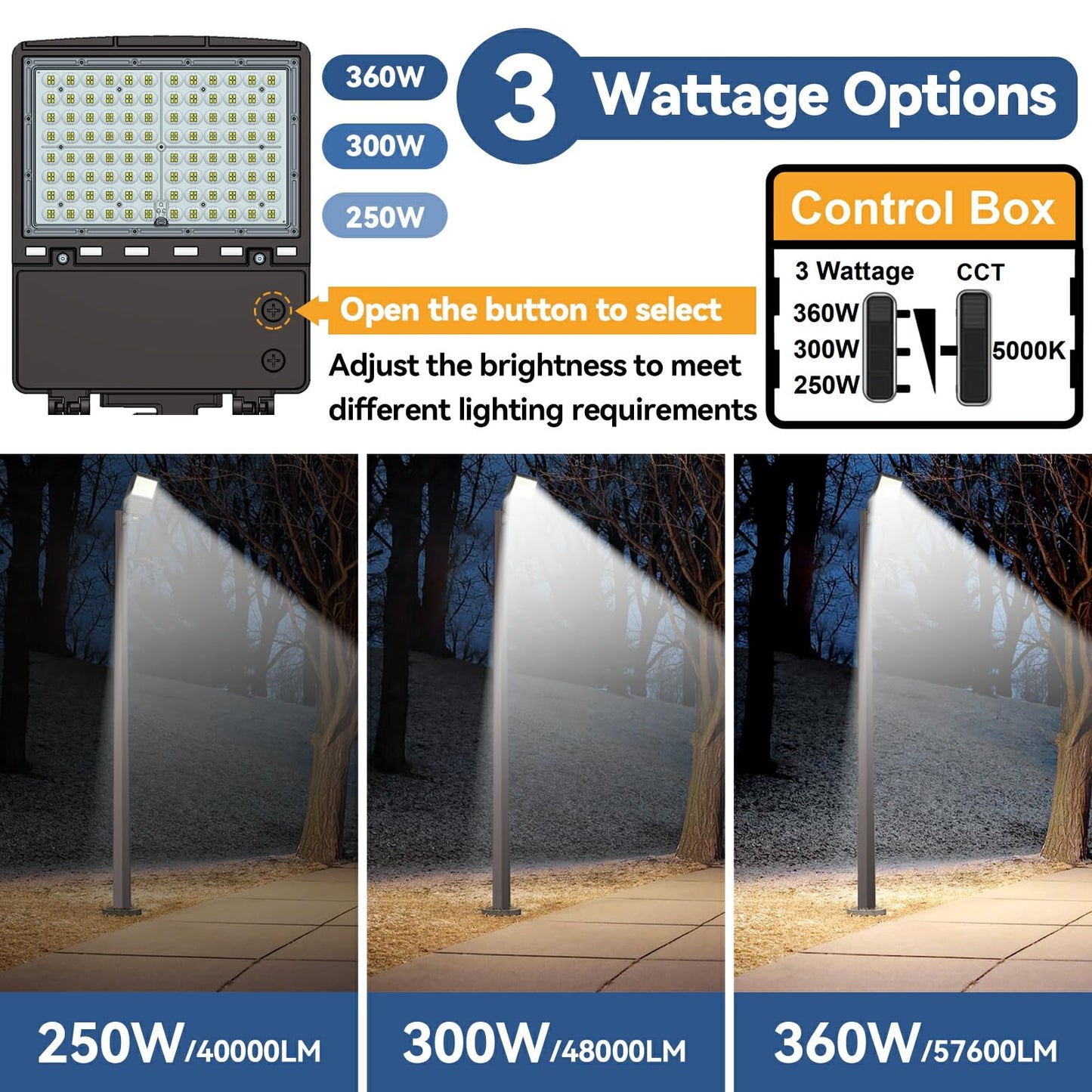 360W LED Parking Lot Light 2Pack: 250/300/360W Selectable, 57600LM 5000K LED Shoebox Light with Photocell, Arm Mount Flood Light, Commercial Outdoor Area Lighting for Driveway Stadium Roadways, ETL
