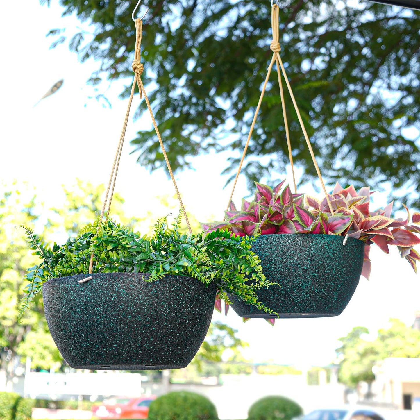 SwinDuck 13 Inch 2 Pack Large Hanging Planters for Indoor Outdoor Plants, Plastic Hanging Basket Pots for House Plants Flowers, Black Speckles