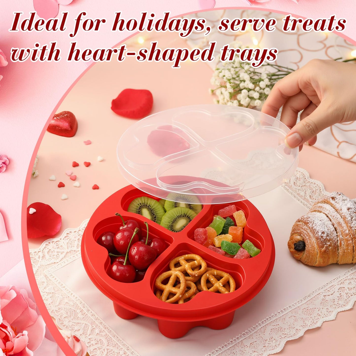 FoldTier 6 Pcs 6.8 Inch Valentine's Day Mini Snack Box Divided Dessert Serving Tray Heart Red 4-compartment Snack Container Box with Lids for Christmas Mother's Day Lunch Meal