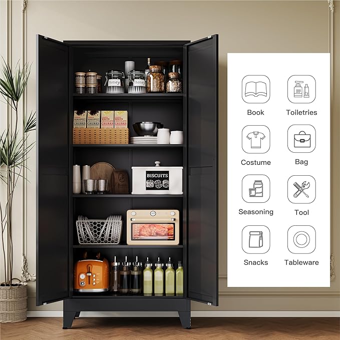 YAUWOH 71''Metal Cabinet with 4 Adjustable Shelves, 5-Tier Pantry Storage
