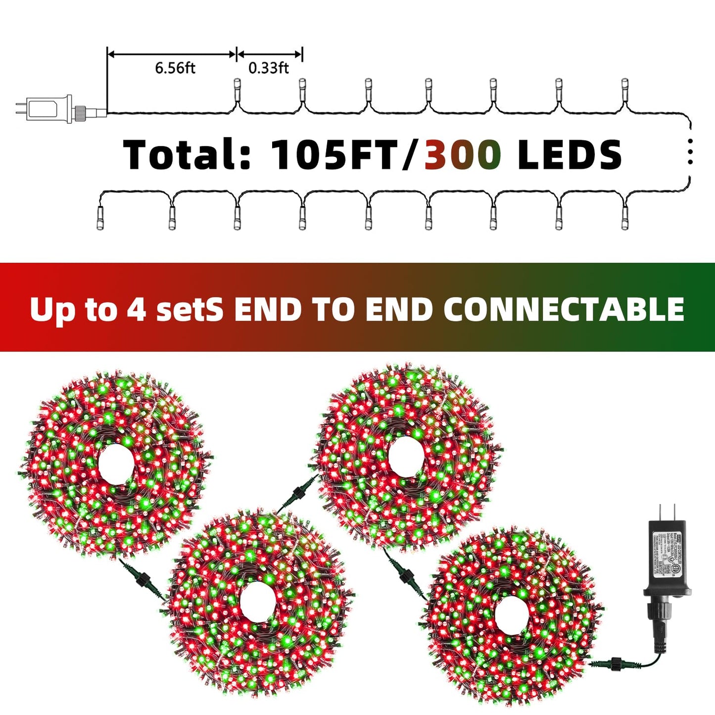 XTF2015 Christmas String Lights, 105ft 300 LED Christmas Lights 8 Modes Memory Function & Timer- UL Certified - Outdoor Indoor Christma s Fairy Lights for Tree, Garden, Party, Wedding(Red + Green)