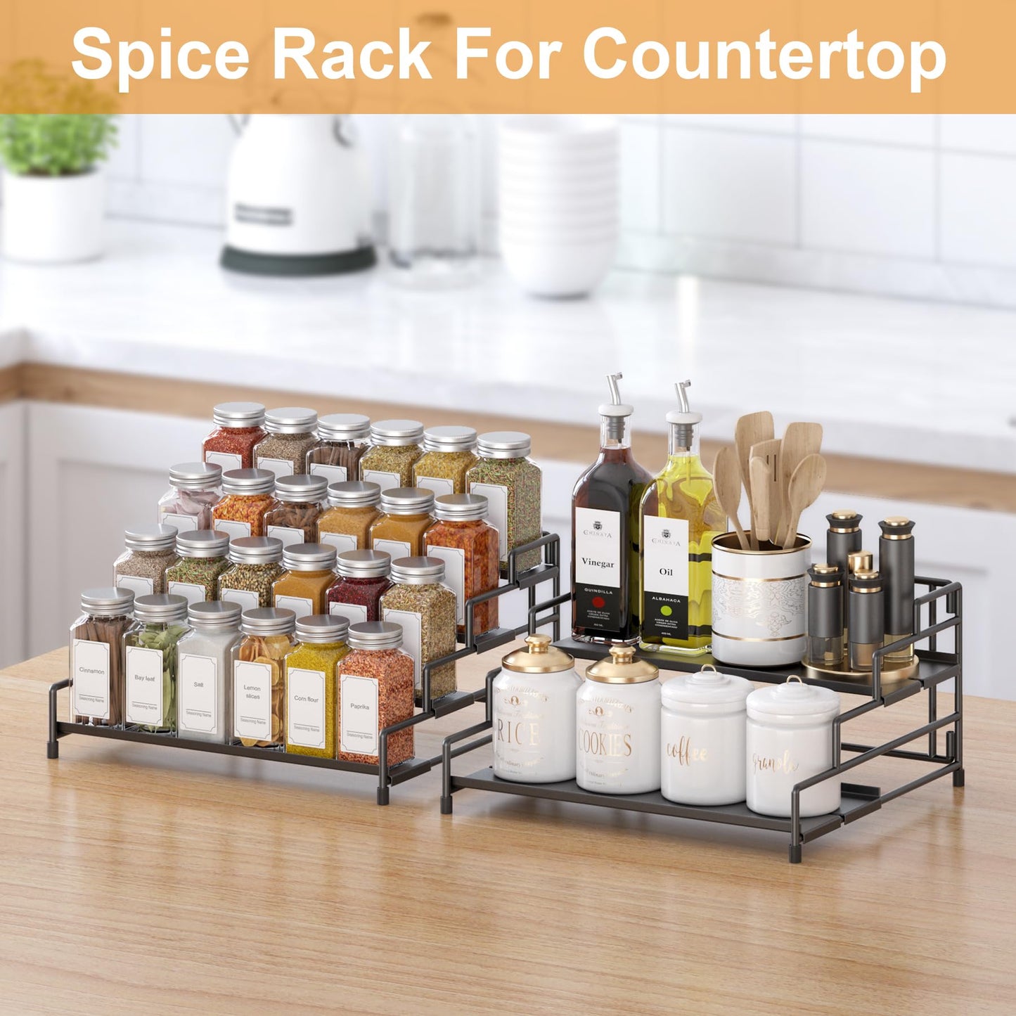 RUILALIFE 4-Tier-Spice-Rack-Organizer-for-Cabinet, Adjustable Depth Spice Holder Shelf For Countertop Pantry Cupboard, Metal Tiered Seasoning Organizer,Display Shelf Riser (Black-1 Pack)