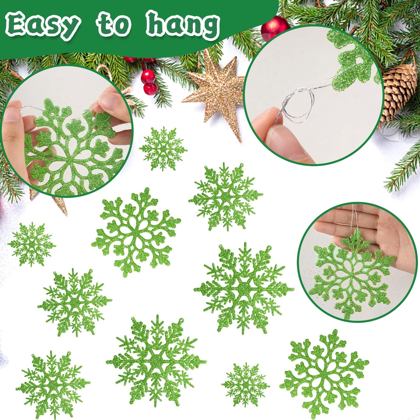 36pcs Christmas Lime Green Snowflake Ornaments，Plastic Lime Green Snow Flakes Hanging Ornaments for Christmas Tree Decor Winter Wonderland Frozen Birthday Party Holiday Home Decor Craft Snowflake