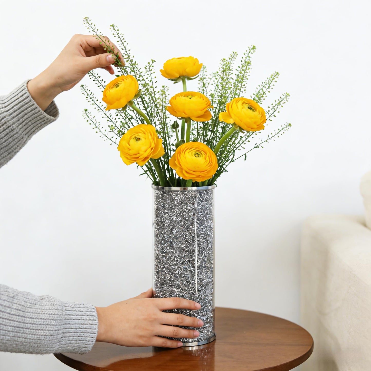 Silver Crystal Flower Vase, 10" Large Crushed Diamond Vase, Shiny Round Modern Luxury Decorative Glass Vases for Home Decor, Dining Table, Bathroom, Bedroom, Sofa Table, Wedding