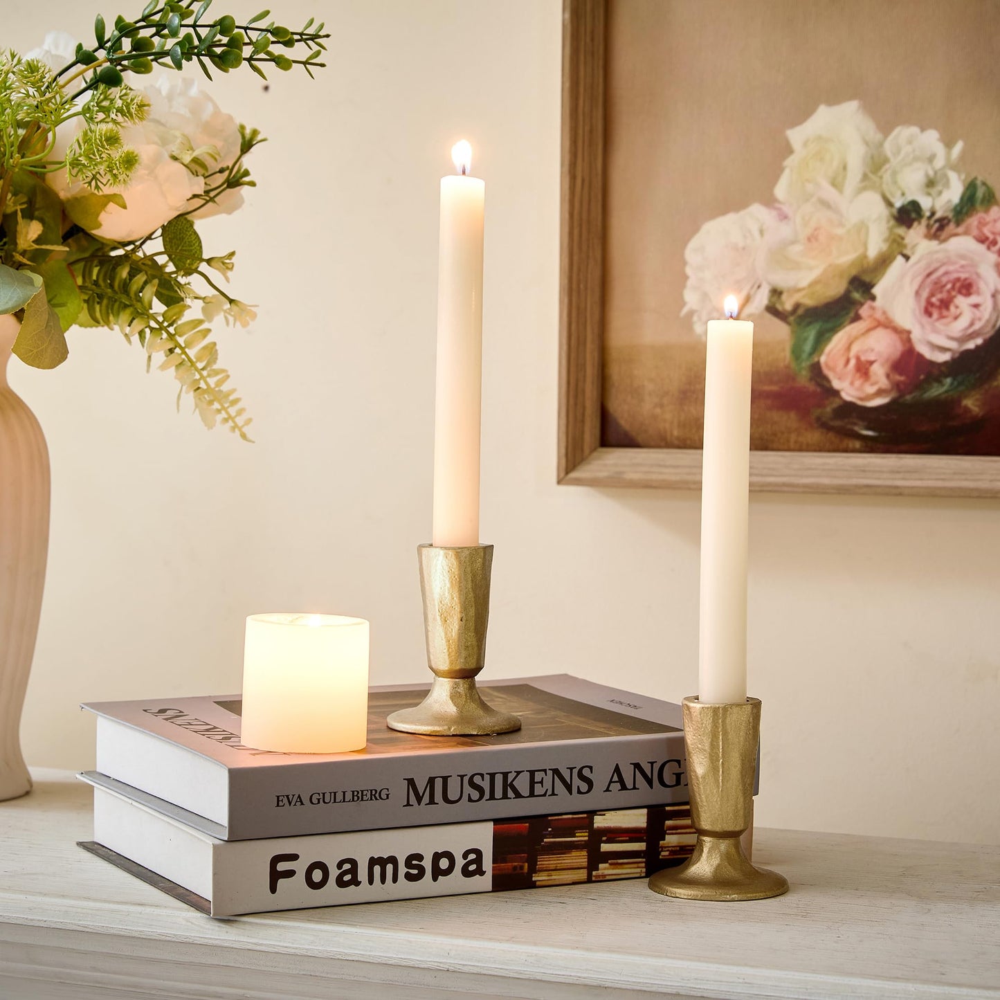Cast Iron Taper Candle Holder Set of 2, Antique Brass Candlestick Holders Decorative Candle Stand, Tapered Candle Holders Tall Set for Wedding, Holiday, Home Decor, Christmas Decoration (Gold)