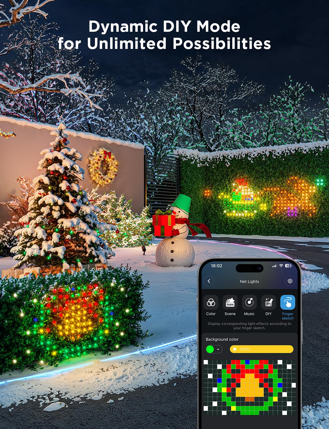 Govee Outdoor Net Lights, 2.8*4.7ft with RGBIC and DIY Functions, 240 LEDs Smart Net Lights with 64 Modes for Bush Patio Decor, Compatible with Alexa & Google Assistant, Outdoor Waterproof, Green Wire