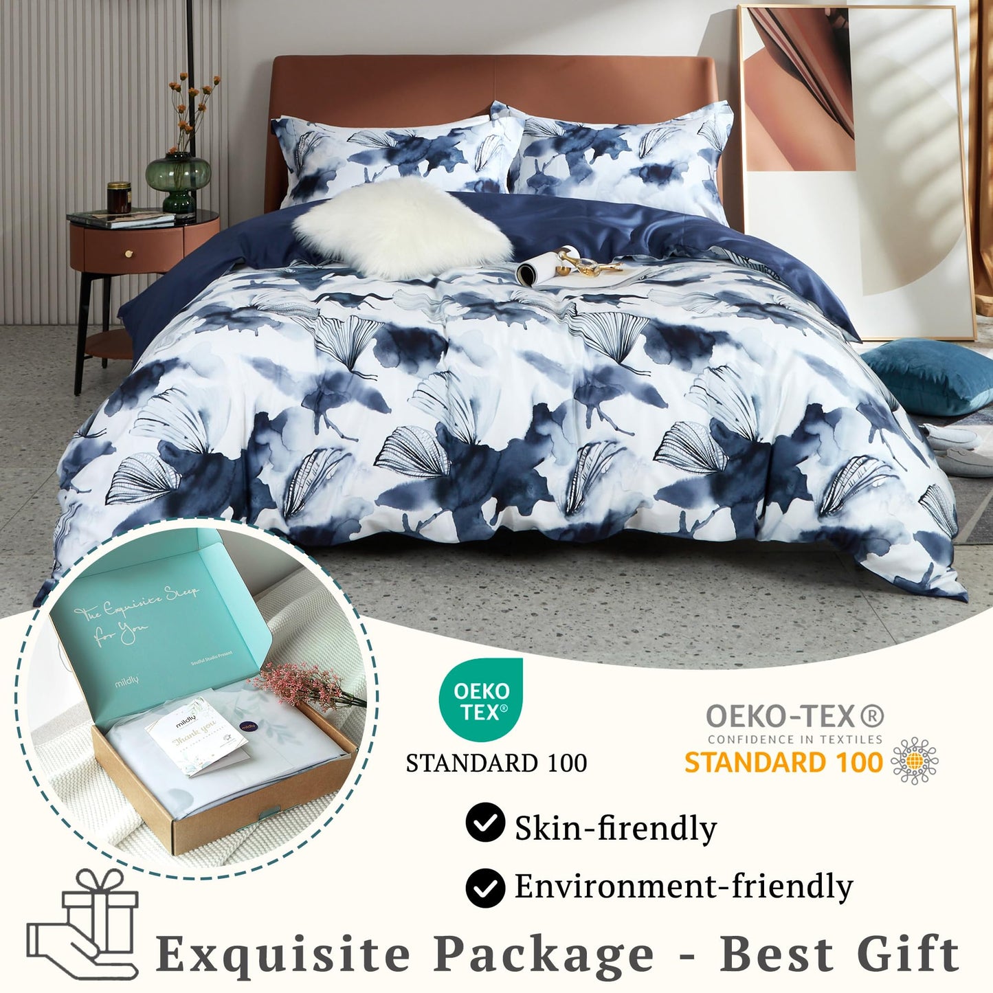 MILDLY 100% Long Staple Cotton Duvet Cover Set Dark Blue Ginkgo Leaf Watercolor Comforter Cover Set