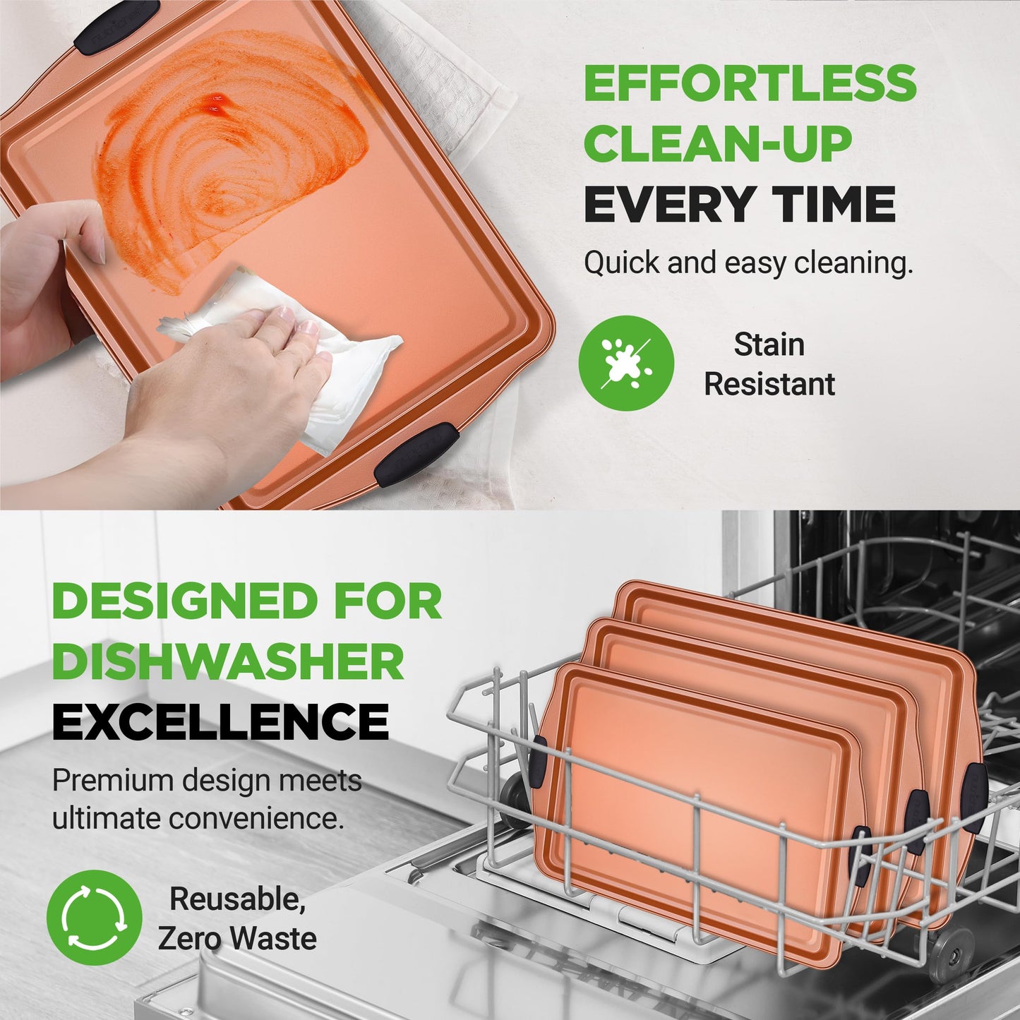 NutriChef Baking Tray Set, Oven Baking Pans, 3 Piece Non-Stick Kitchen Oven Trays, Stackable Carbon Steel Baking Set, Cookie Sheet, Copper Metal Bakeware w/Black Silicone Handles, 3Pc