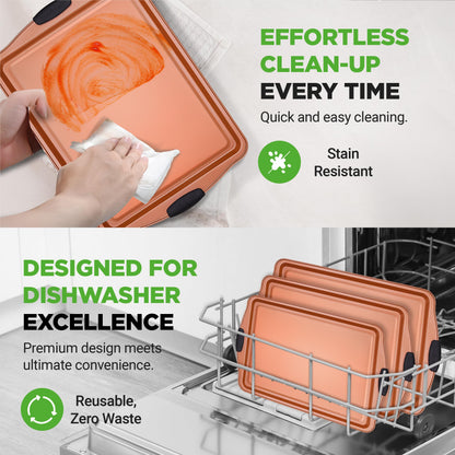 NutriChef Baking Tray Set, Oven Baking Pans, 3 Piece Non-Stick Kitchen Oven Trays, Stackable Carbon Steel Baking Set, Cookie Sheet, Copper Metal Bakeware w/Black Silicone Handles, 3Pc
