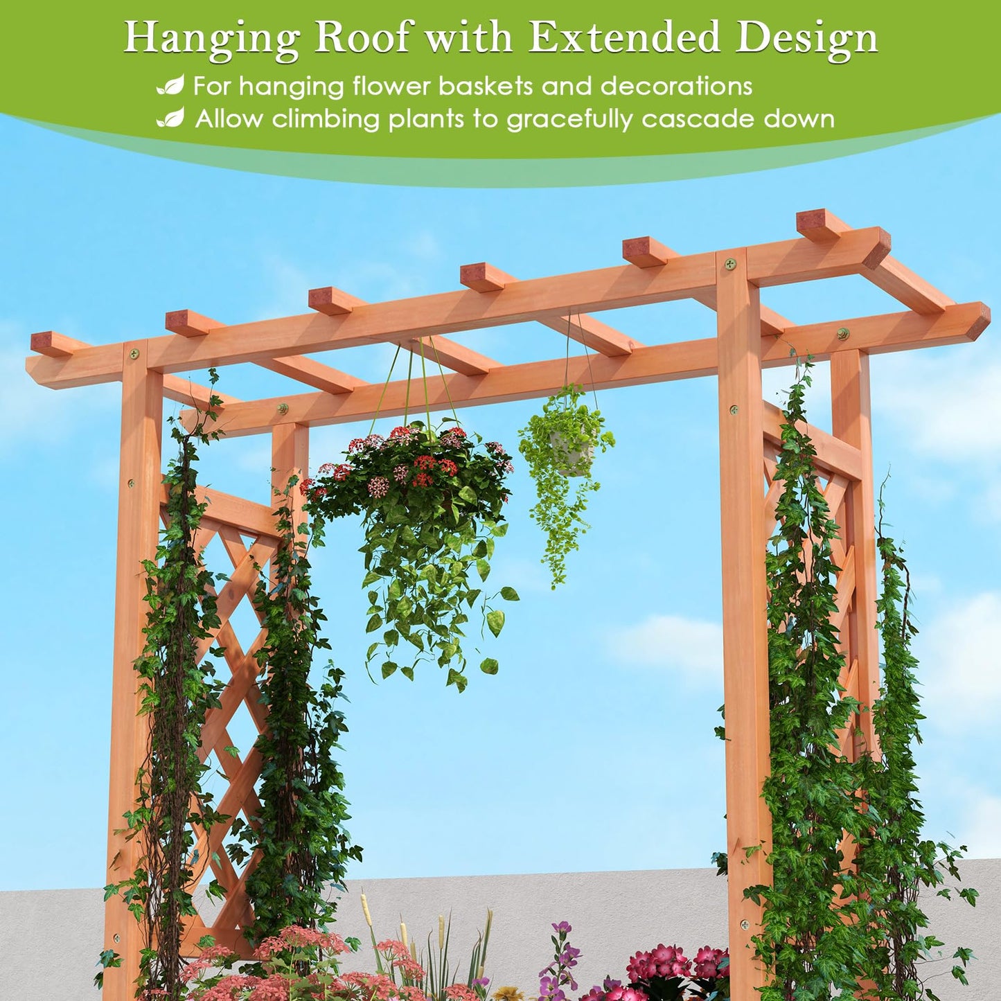 HAPPYGRILL Raised Garden Bed with Trellis, Freestanding Wood Planter Box w/Hanging Roof & 4 Drainage Holes for Vine, Climbing Plants, Flowers, Outdoor Planter with Trellis for Garden, Patio, Yard