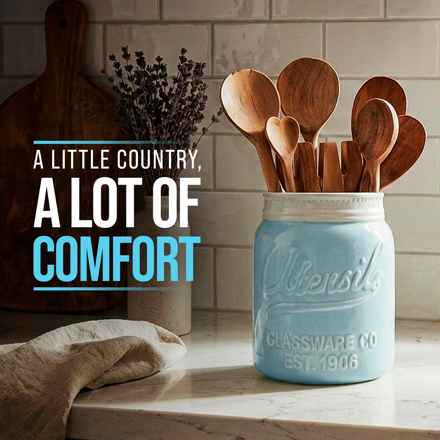 Comfify Blue Mason Jar Utensil Holder – Wide Mouth Ceramic – Farmhouse