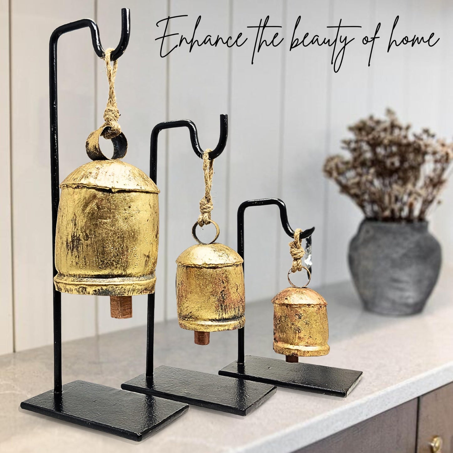 Pack of 3 Golden Bells with Metal Stand in Black Colour in Single Pack, Harmony Cow Bells Christmas Hanging XL Bells On Rope (3, Rectangular)