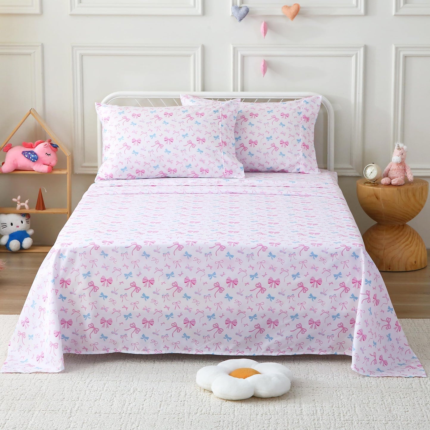 Softan Kids Bed Sheet Set, Girls Twin Size Kids Sheets, Microfiber Fitted Sheet and Pillowcase, Breathable and Silky Soft, 3 Piece Colourful Bowknot Printed Twin Bed Sheet
