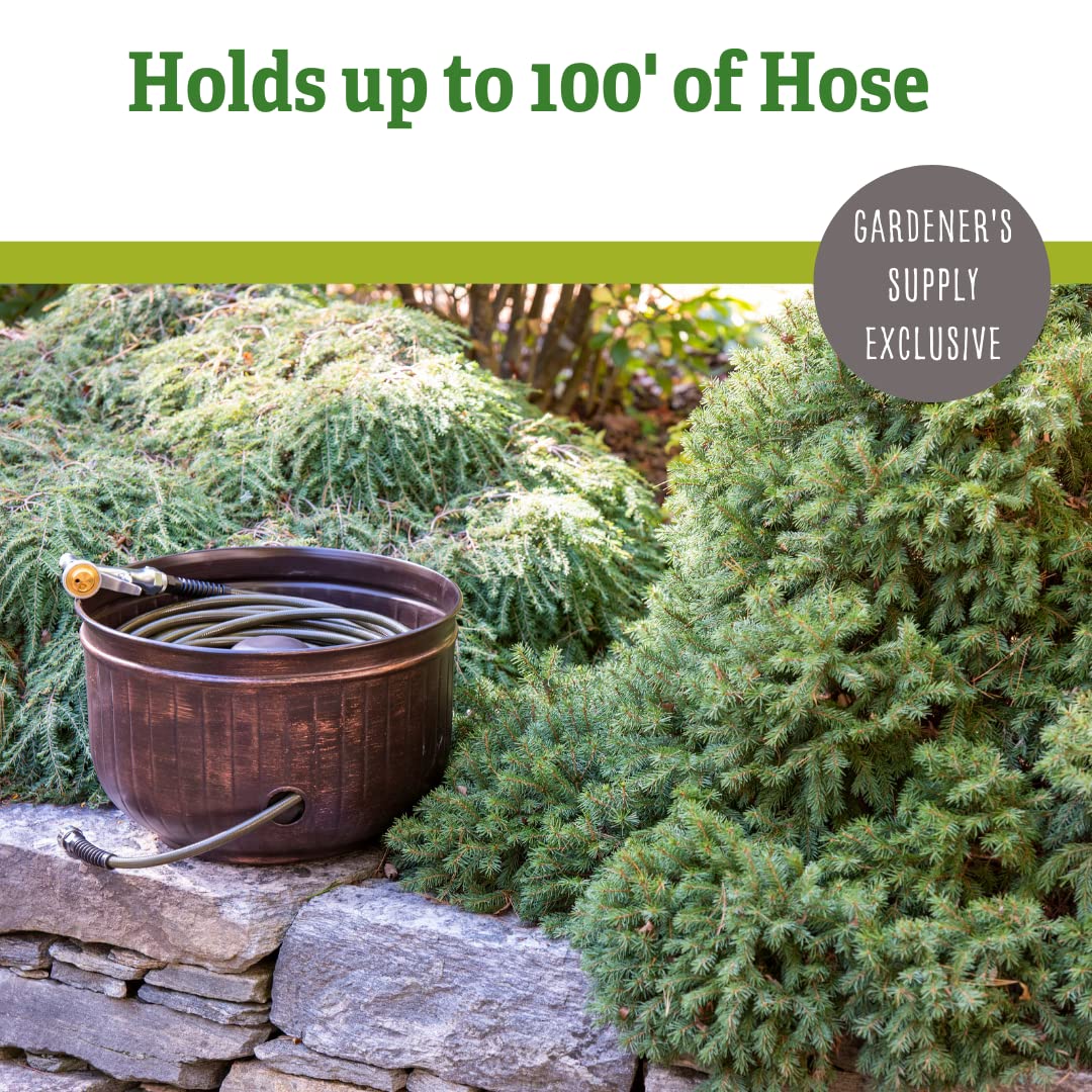 Gardener's Supply Company Garden Hose Pot | Elegant Brushed Bronze Brown Decorative Watering Hose Storage with Side Hole | Ideal Hose Holder for Outdoor Garden, Backyard, & Patio | Holds 100ft Hose