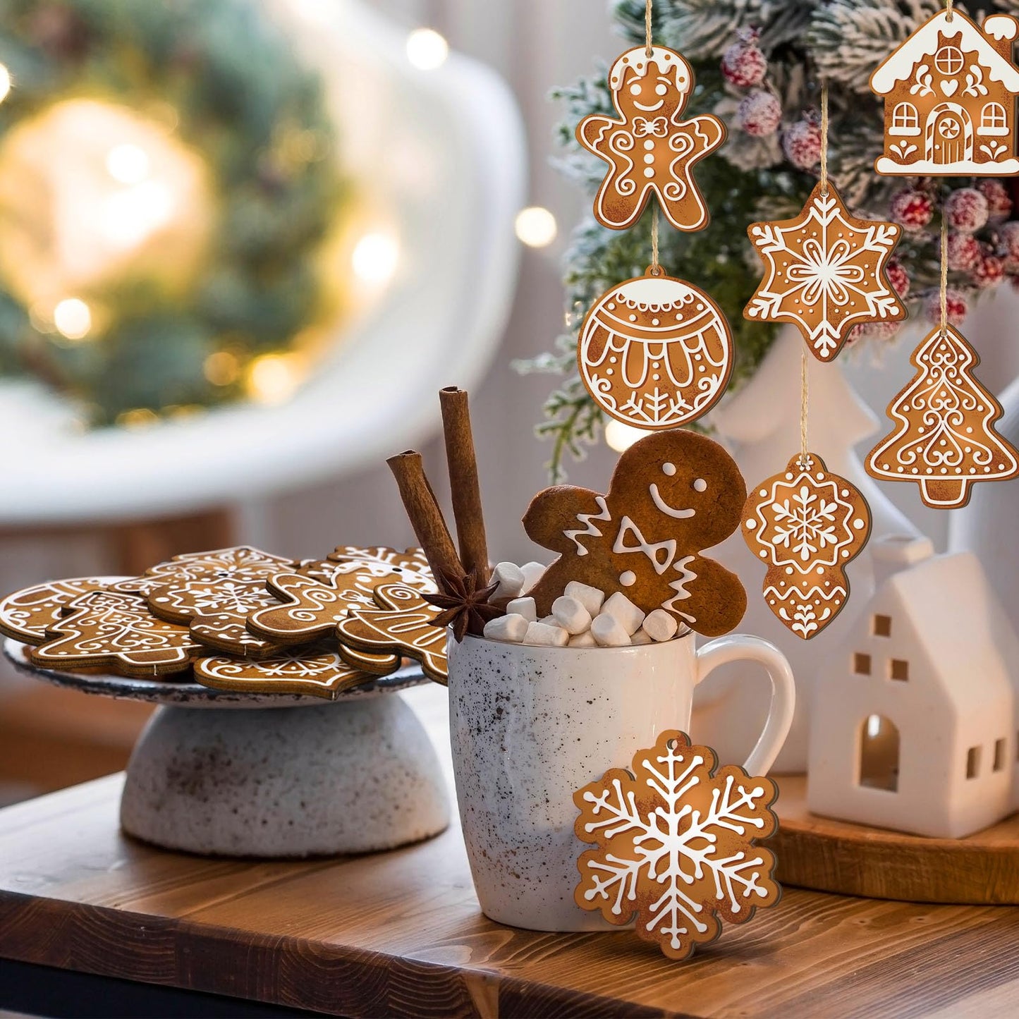 Quzzil 36 Pcs Christmas Gingerbread Ornaments for Tree Mini Snowflake Wooden Hanging Winter Xmas Ornaments with Ropes for Christmas Party Holiday Winter Crafts(Brown,36 Pcs,Gingerbread)